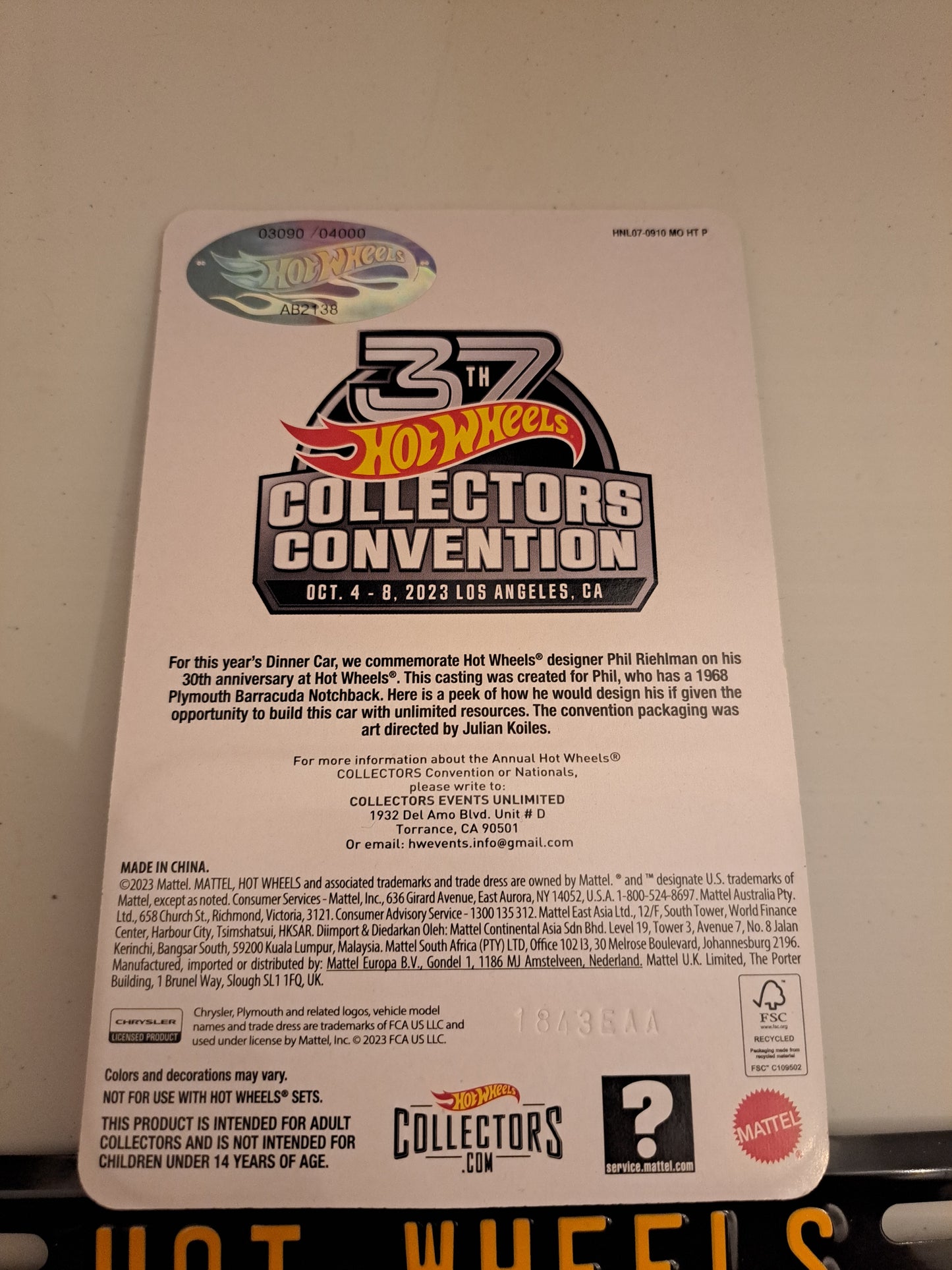 Hot Wheels 37th Convention 1968 Custom Plymouth Barracuda With Plate.