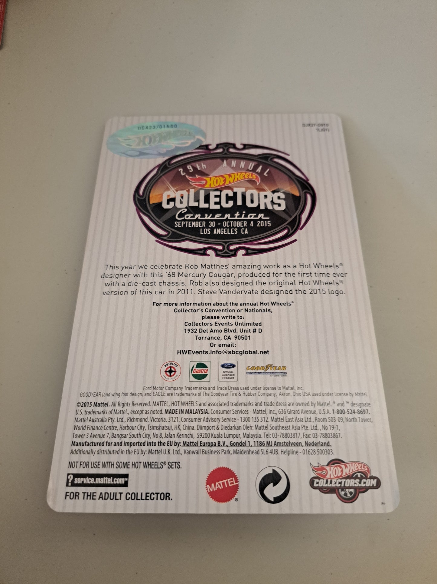 Hot Wheels 29th Collectors Convention 68 Mercury Cougar limited to 1500 #423
