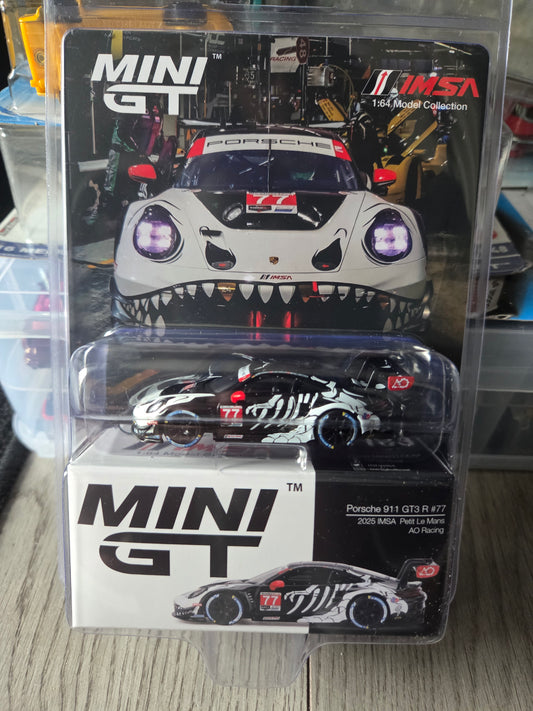 Mini Gt #1143 Porsche 911 Gt3 R #77 2025 petit le mans ao racing Blister Verison