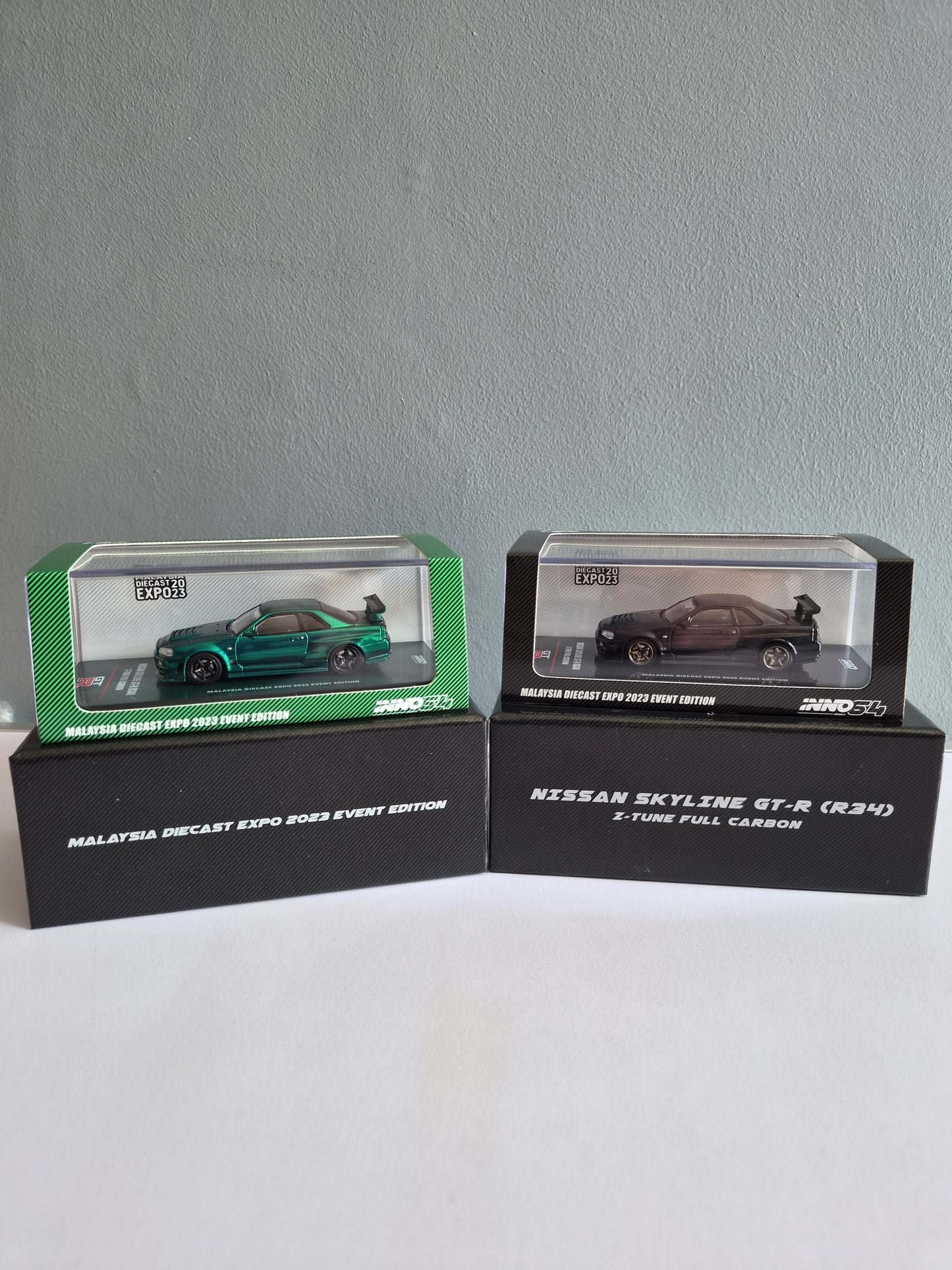 Inno 64 malaysia diecast expo 2023 Event edition Nissan skyline gtr r34 z tune full carbon black & green chase set