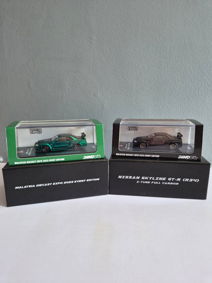 Inno 64 malaysia diecast expo 2023 Event edition Nissan skyline gtr r34 z tune full carbon black & green chase set
