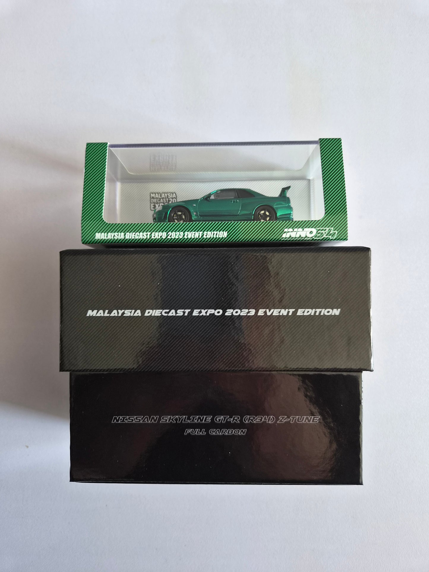 Inno 64 malaysia diecast expo 2023 Event edition Nissan skyline gtr r34 z tune full carbon black & green chase set